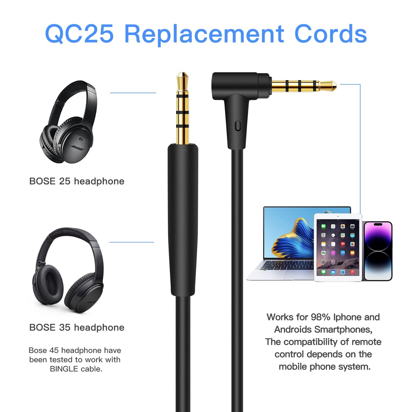 BINGLE Headphones Replacement Audio Cable Cord for Bose 700 QuietComfort Ultra QC45 QC35 35II QC25, OE2 & OE2i, JBL E45/55BT E65BTNC, 2.5mm to 3.5mm