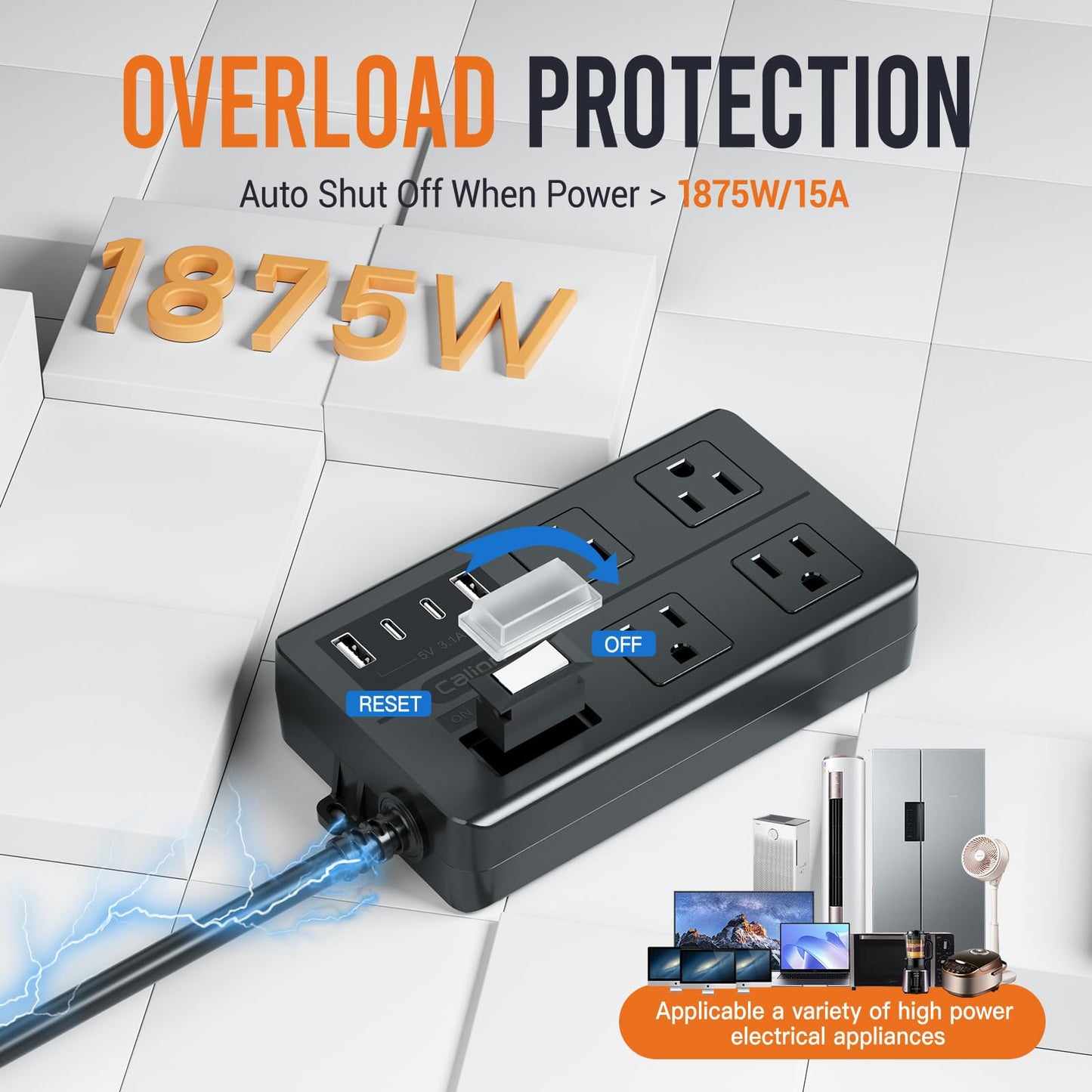 15FT Outdoor Waterproof Power Strip Surge Protector with 4AC Outlets 4USB Ports Power Switch Safety Lock, ETL Certified for Patio Garden Charging