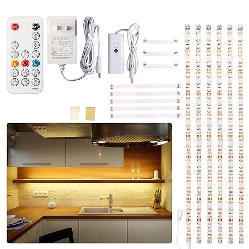 WOBANE Under Cabinet LED Lighting Kit, 6 PCS Dimmable LED Strip Lights with Remote Control Dimmer, 24W Adapter, Hidden 2700K Warm White Set, Bright