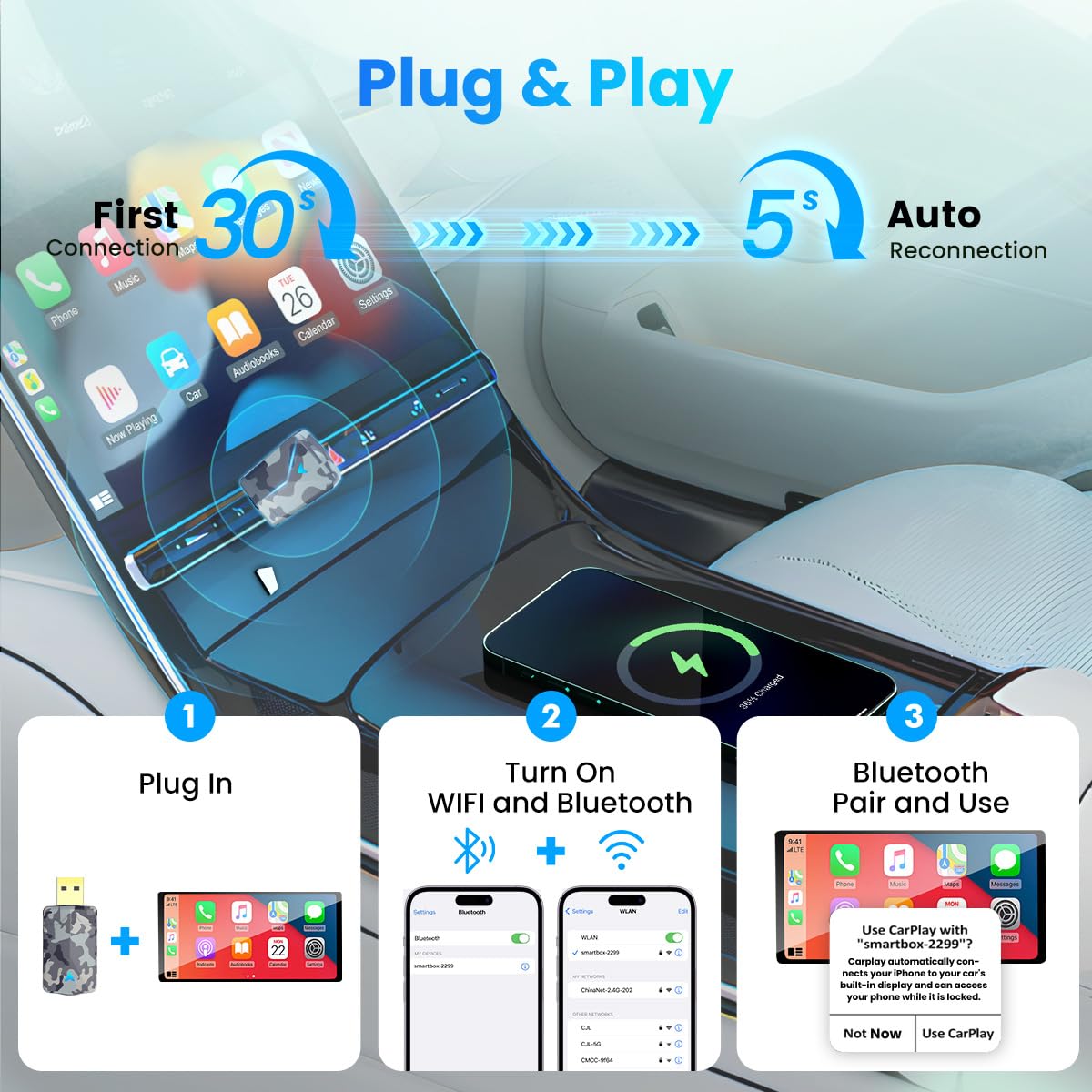 CODONOVA 2026 Mini Wireless CarPlay Adapter, Fast Stable Connection, No Latency, Converts Wired to Wireless for Carplay & Android Auto, Easy Setup in