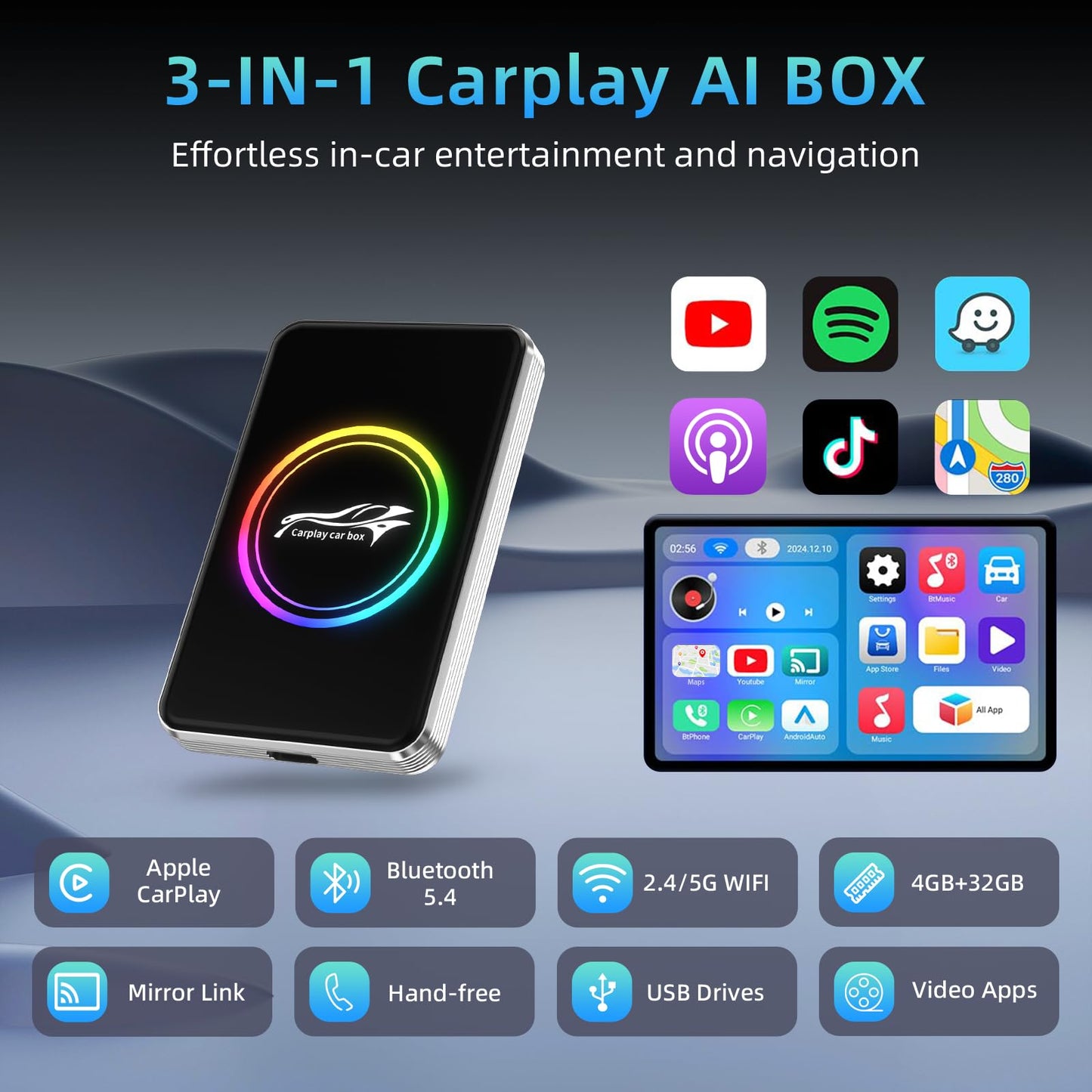 Autolinkr Wireless CarPlay Adapter, Magic AI Box, 3-in-1 for Apple CarPlay & Android Auto Adapter - Plug & Play USB Dongle with Dual WiFi 6