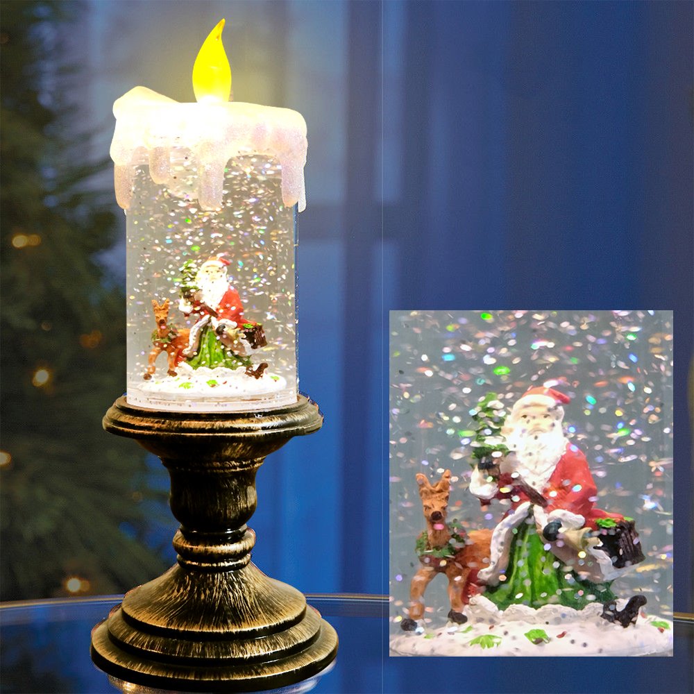 Eldnacele Battery Operated Lighted Flameless Candles Christmas Snow Globe Candle Light Swirling Water Glittering Spinning Candles for Home