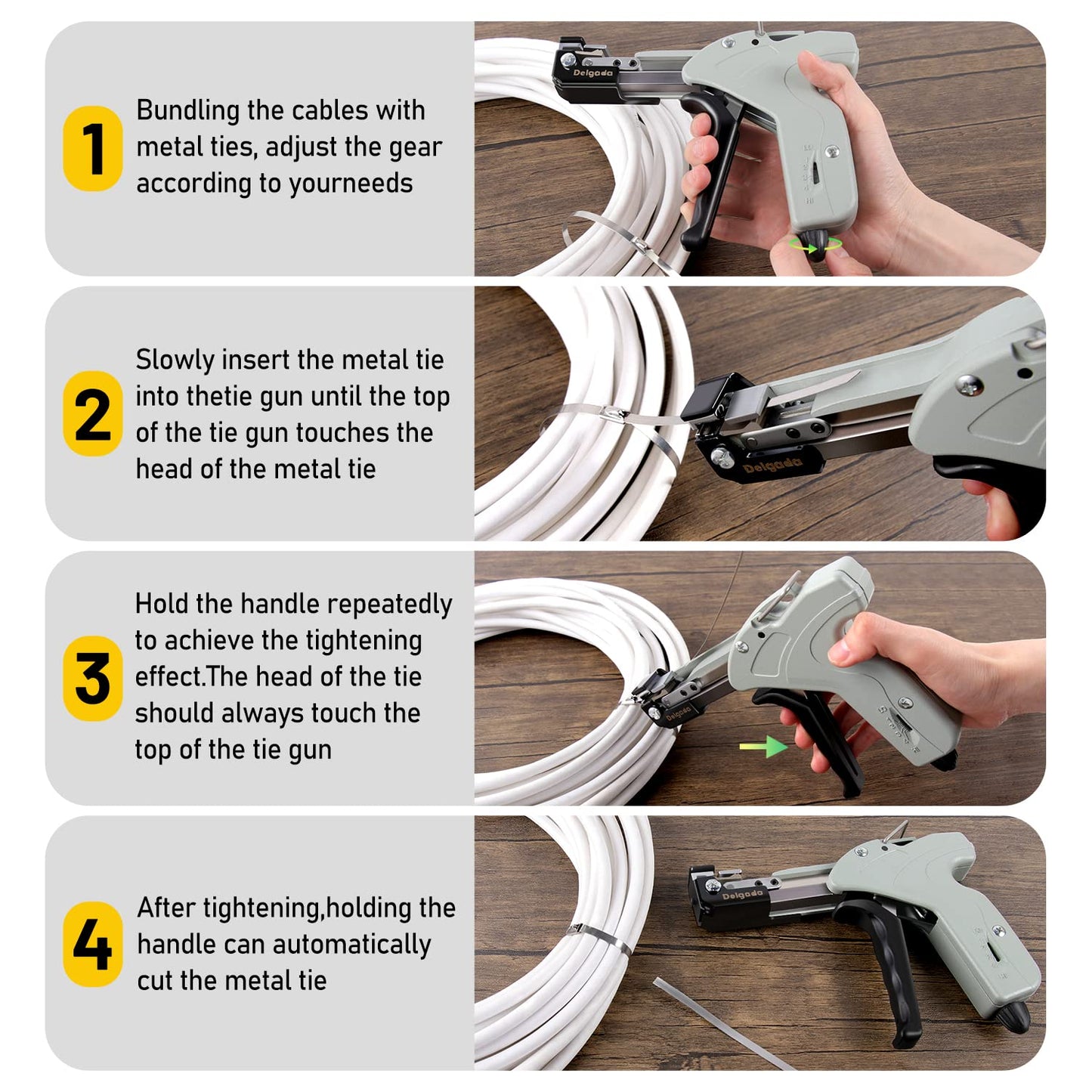 Delgada Metal Cable Tie Gun for Stainless Steel Ties, Professional Automatic Tightening Cutting Ratchet Tie Clamp,4-level Adjustable Fastening Tie