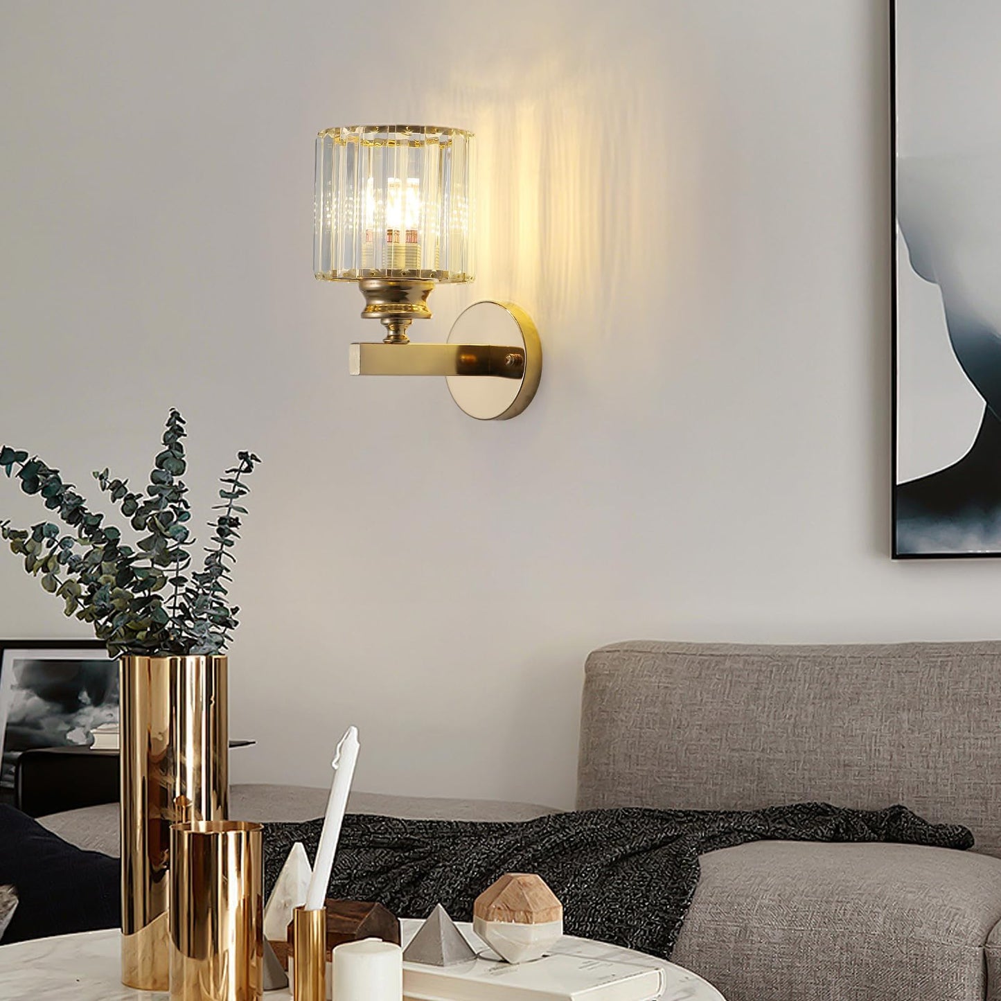 Sxtiger Hardwired Crystal Wall Sconces, Modern E27 Wall Lights, Gold Round Finish Wall Lamp for Living Room Bedroom Dining Room Hallway Entryway (Gold