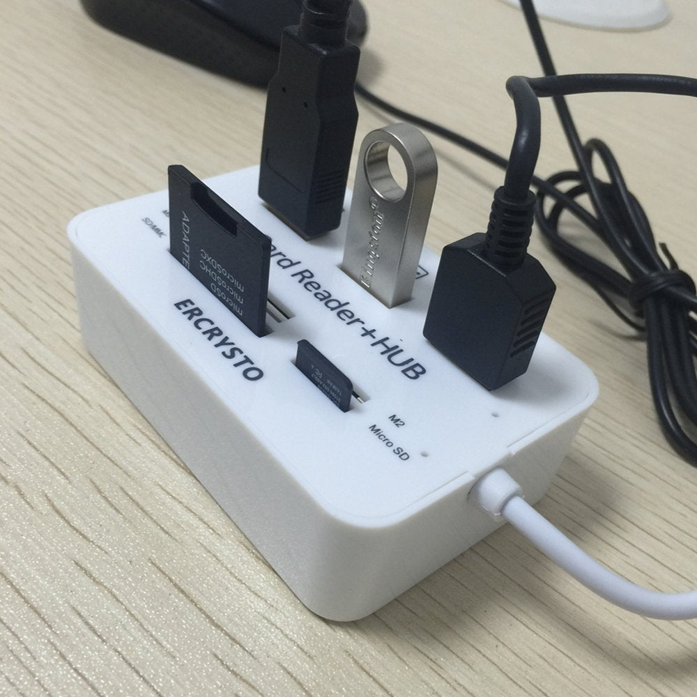 ERCRYSTO Card Reader and 3 Ports USB Hub, High Speed External Memory Card Reader (MS, Micro SD,SD/MMC,M2,TF Card), White.