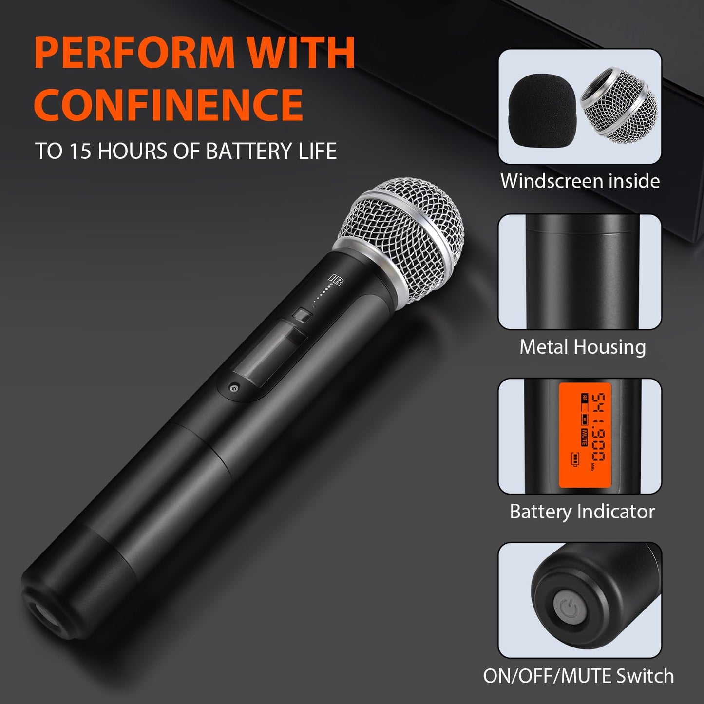 innopow 200-Channel Wireless Microphones System, Dual UHF Metal Cordless Mic Set, Auto Scan, Long Range 200-240Ft,16 Hours Use for Karaoke Singing