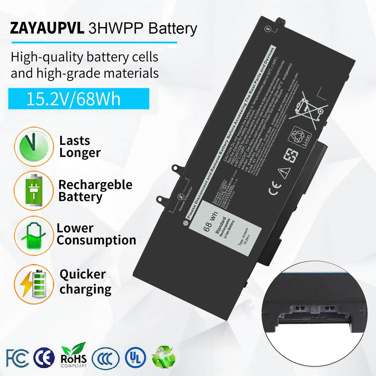 ZAYAUPVL 68Wh 3HWPP 15.2V Battery Replacement for Dell Inspiron 7706 2-in-1 Black, Inspiron 17 7500 7506 2-in-1 Black, Latitude 5401 5410 5411 5501
