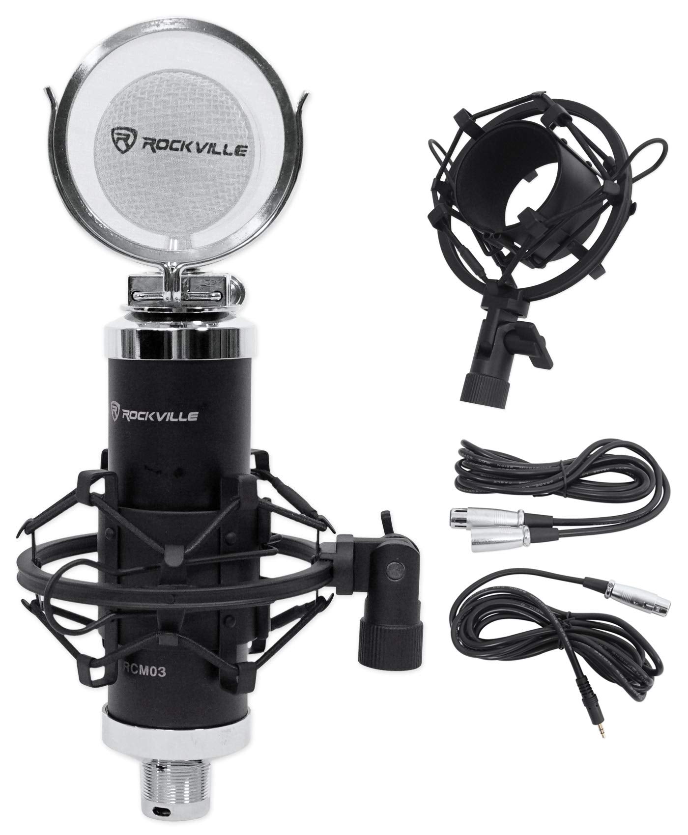 Rockville RCM03 Pro Studio Condenser Microphone, Cardioid Pattern, 30Hz-20kHz Frequency Response, Metal Shock Mount, Includes XLR & 3.5mm Cables, for