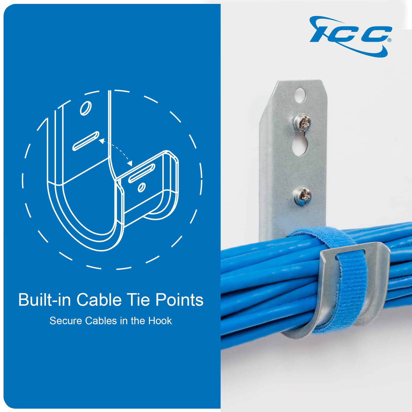 ICC 2-Inch Wall Mount J-Hook - 25-Pack, Cable Support 2" J Hooks with Retainer Clips, Galvanized Steel with Zinc Finish - for Structured Cabling