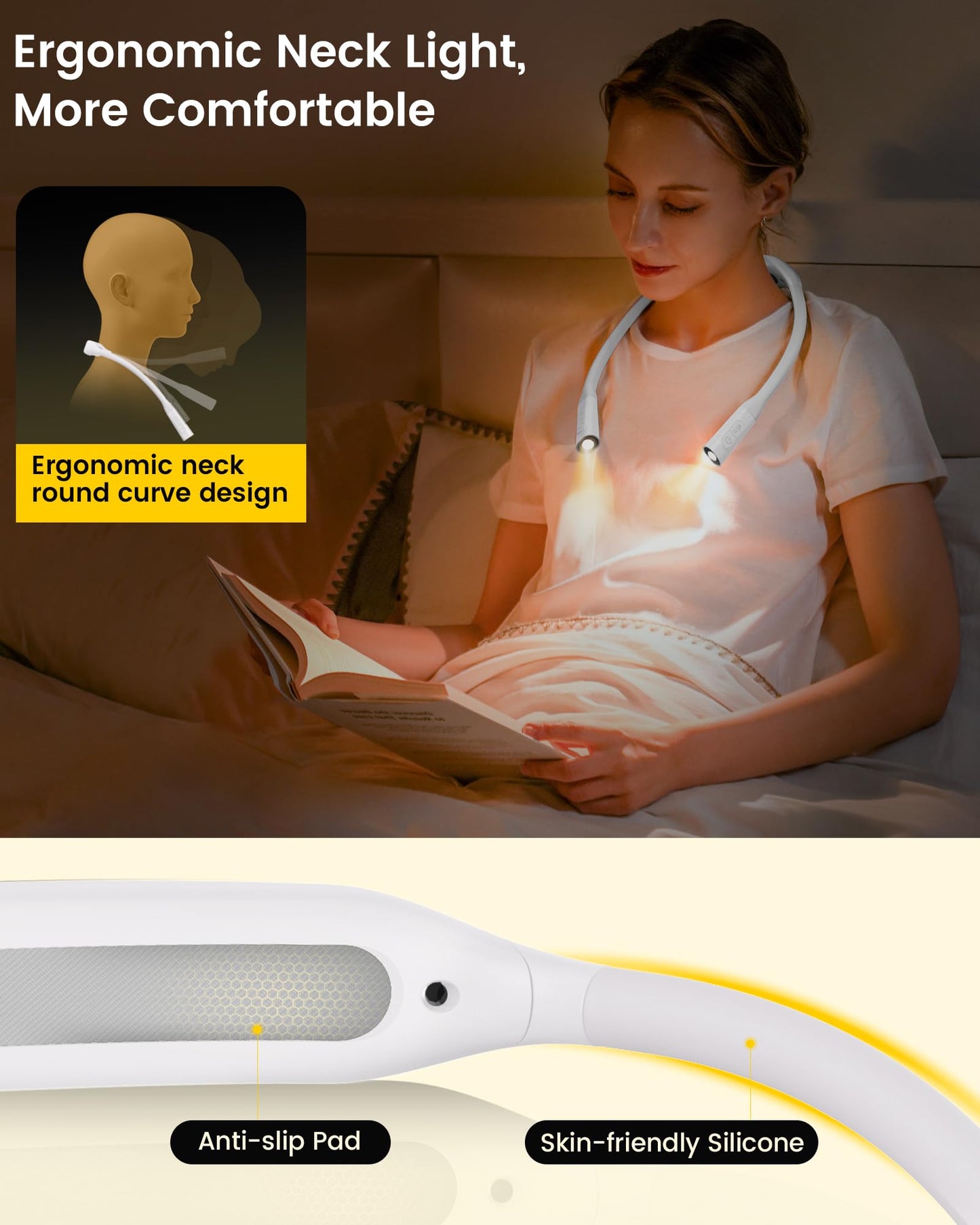 Glocusent Lightweight Neck Light for Reading in Bed, 1200mAh Rechargeable Book Light, Hands-Free Reading Light, 5 Colors, 5 Brightness Adjustable