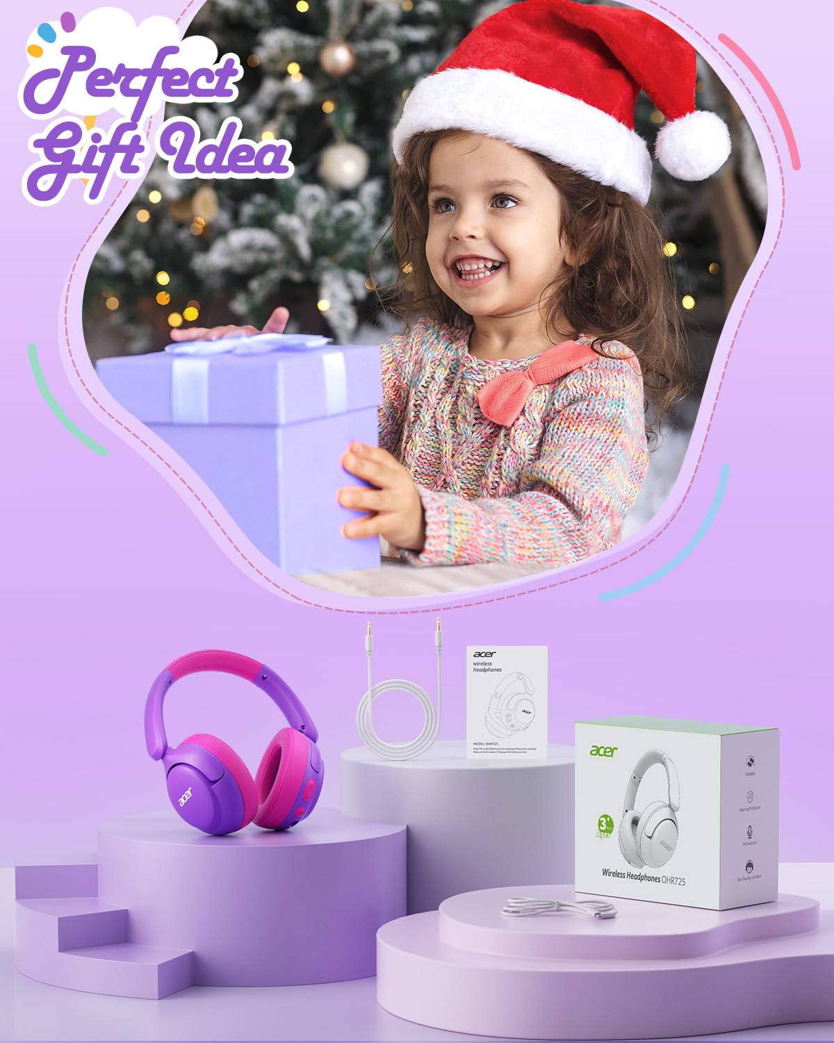 Acer Kids Bluetooth Headphones, 85dB Limiter, 75H, w/Mic OHR725