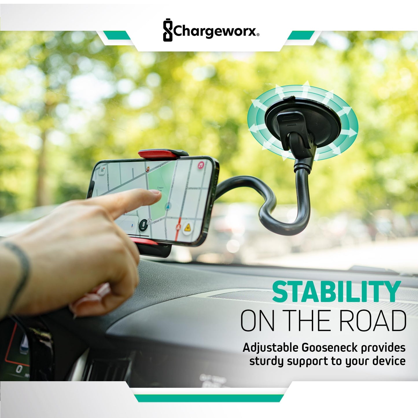 CHARGEWORX Adjustable Windshield Phone Mount for Cars, 14.75” Flexible Gooseneck Cell Phone Holder with Suction Cup, Anti-Slip Clamp Grip, 360-Degree