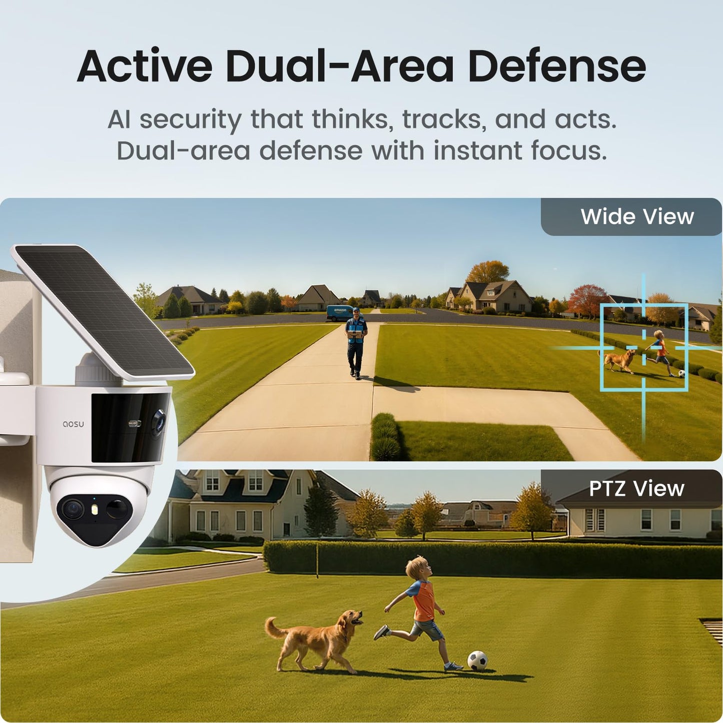 aosu T2 Pro Solar Security Cameras Wireless Outdoor, 3K Dual Cam No Blind Spot Security Camera for Home, 170° Wide + 360° PTZ, AI Human Vehicle