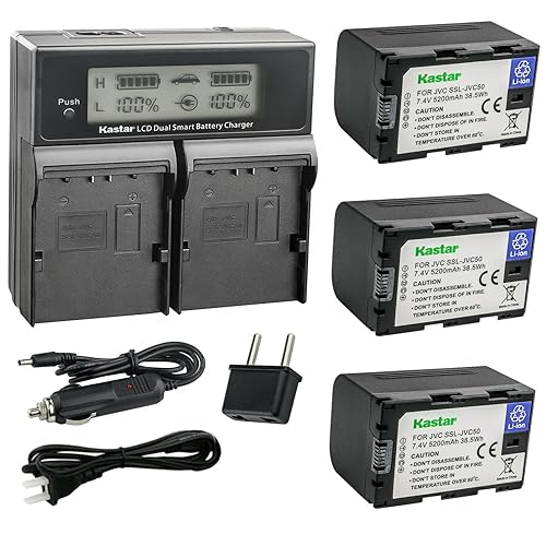 Kastar 3-Pack SSL-JVC50 Battery and CH04 LCD Dual Fast Charger Compatible with JVC GY-HM250 GY-HM250SP, GY-HM600, GY-HM600E, GY-HM600EC, GY-HM620U