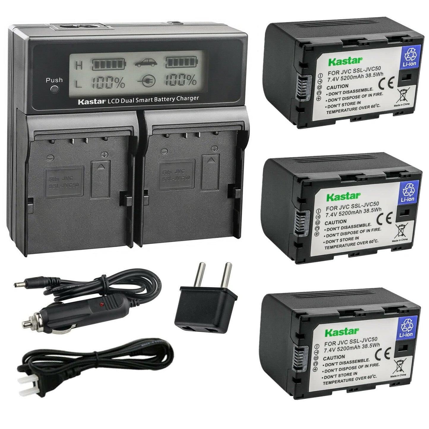 Kastar 3-Pack SSL-JVC50 Battery and CH04 LCD Dual Fast Charger Compatible with JVC GY-HM250 GY-HM250SP, GY-HM600, GY-HM600E, GY-HM600EC, GY-HM620U