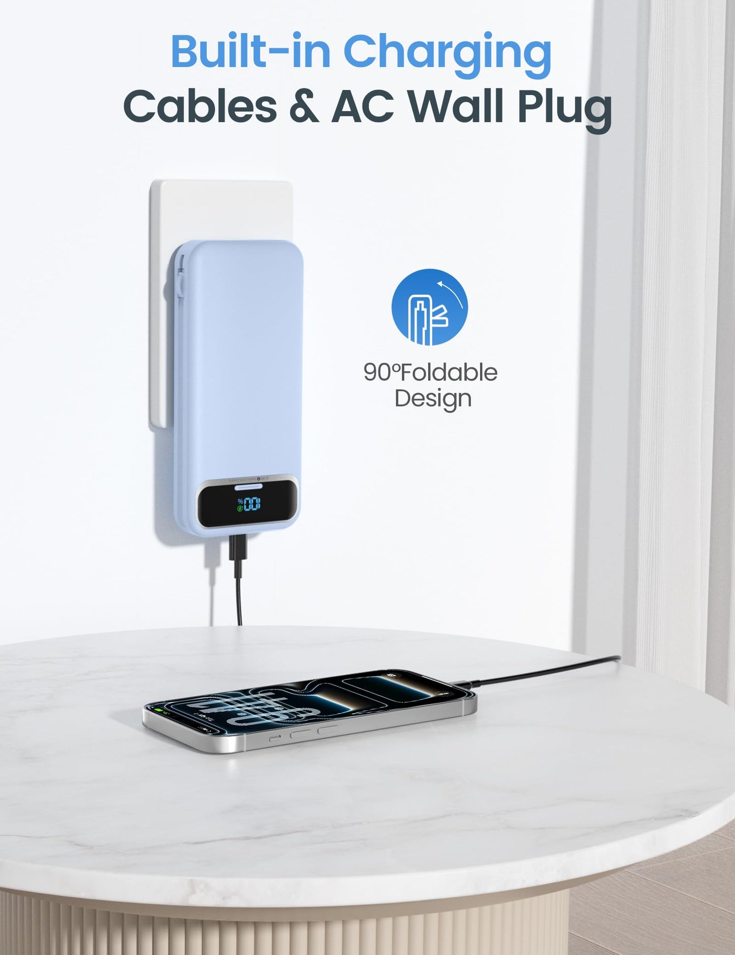 12000mAh Lightweight-Portable-Charger-Power-Bank with Built-in Cables and AC Wall Plug, PD20W USB-C Fast Charging Battery Pack, LED Display External