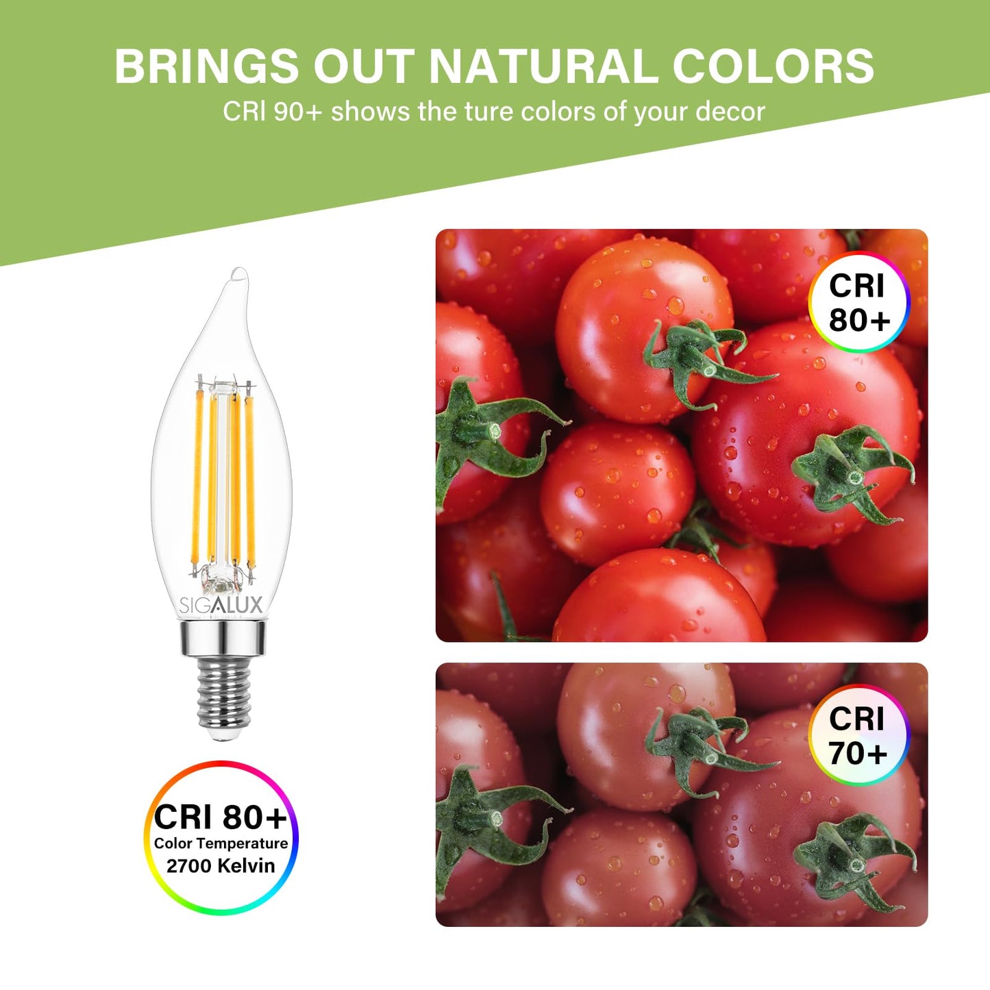 Sigalux Chandelier Dimmable Light Bulbs 60 Watt Equivalent, Energy Efficient 5W,2700K Soft White,450Lumens 15,000hrs,12 Packs Candle Light Bulbs