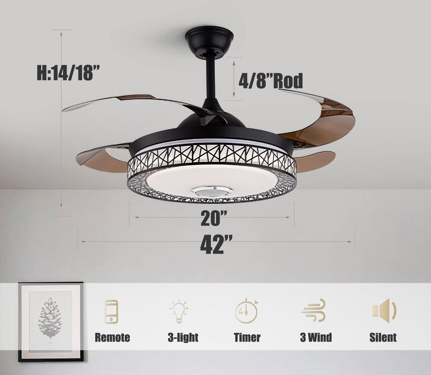 Fandian 42'' Modern Smart Bluetooth Ceiling Fan with Lights Remote Control Fandelier, Retractable Black Nest Ceiling Chandelier Fixtures 7 Dimmable