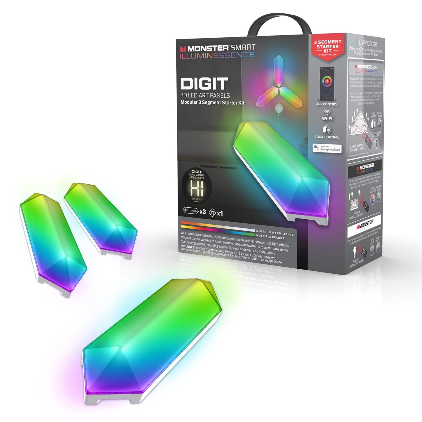 XTREME Monster Digit Smart 3D LED Art Panels, Modular 3 Panel Starter Kit with Controller
