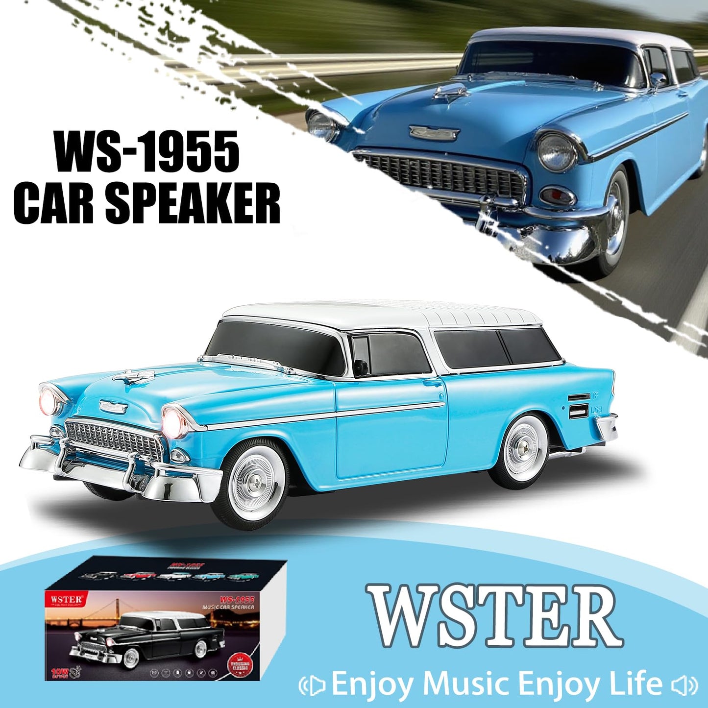 WSTER WS-1955 Retro Sedan Bluetooth Replica Speaker - Portable Wireless Car Model with HD Sound, TWS, FM, LED Party Light, USB/TF, Type-C, Hands-Free