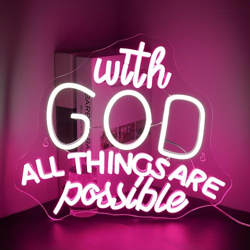 DREAMFORT With God All Things Are Possible Neon Sign,Cool White and Pink LED Neon Light for Wall Decor,USB Letters Light Up Signs for Inspirational