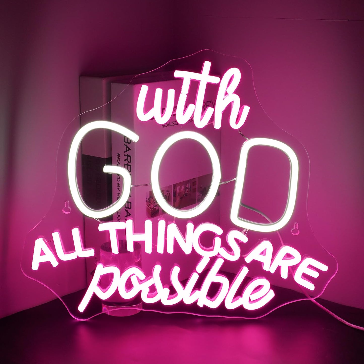 DREAMFORT With God All Things Are Possible Neon Sign,Cool White and Pink LED Neon Light for Wall Decor,USB Letters Light Up Signs for Inspirational