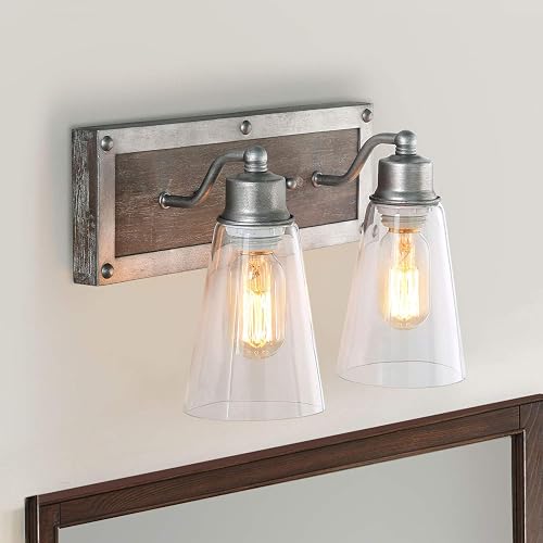 LOG BARN 2 Lights Bathroom Lighting in Real Distressed Wood and Brushed Antique Silver Finish with Cone Clear Glass Shades, 14.1" Vanity Light Fixture
