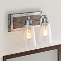 LOG BARN 2 Lights Bathroom Lighting in Real Distressed Wood and Brushed Antique Silver Finish with Cone Clear Glass Shades, 14.1" Vanity Light Fixture