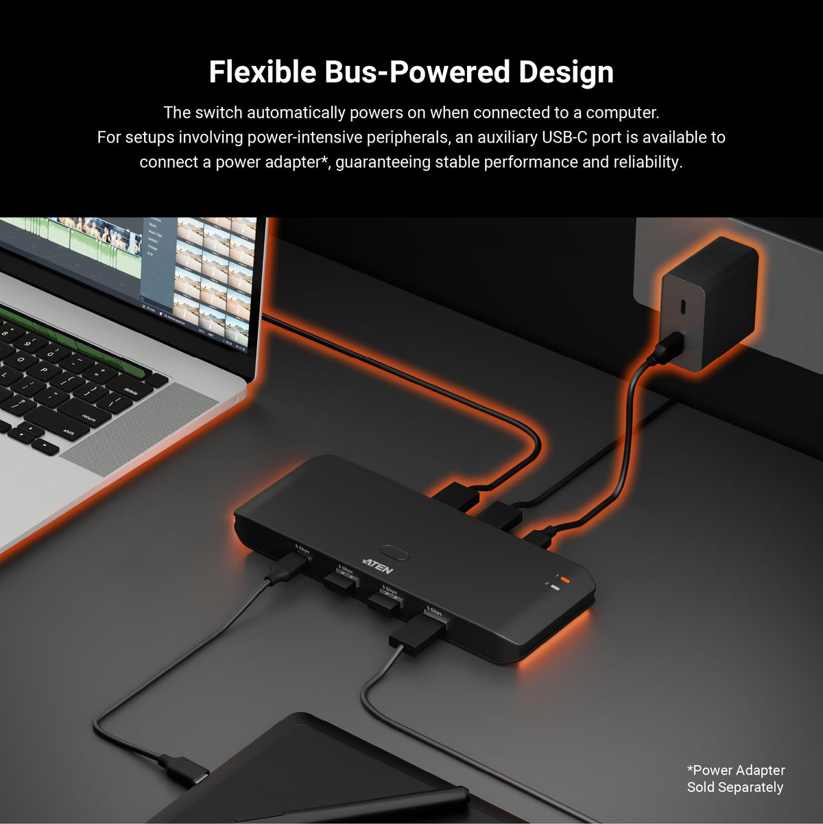 ATEN Essentials US4324 2 x 4 USB 3.2 Gen 1 Sharing Switch, Share 4 USB Peripherals Between Two Computers, 5 Gbps, Quick Switch, Compact, Remote Port