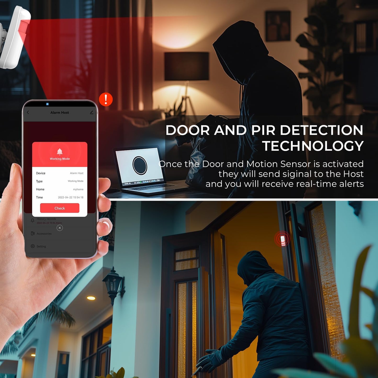 PGST Wireless Alarm System,Smart Home Security System with Tuya App Alerts,5 Pieces Door Alarms Kits Siren Hub with Door/Motion Sensors,Remote,Easy