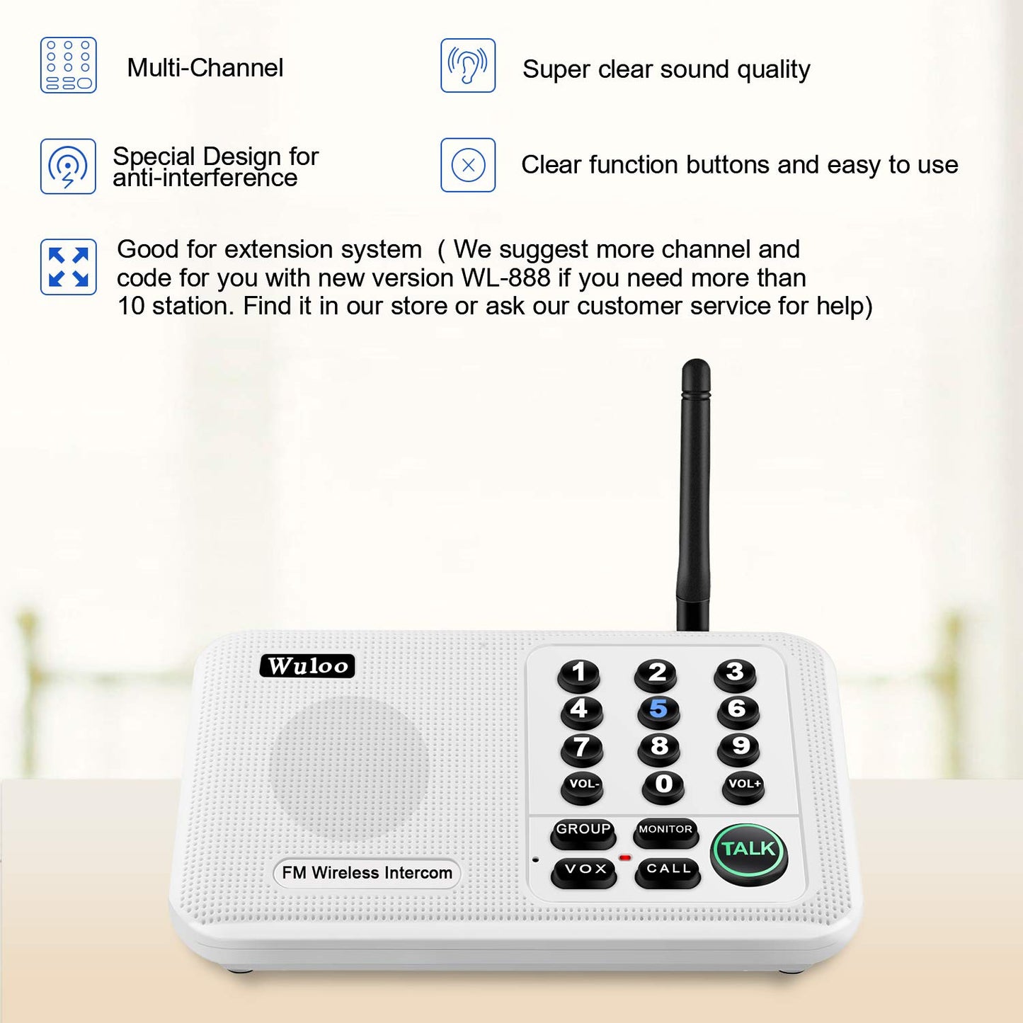 Wuloo Intercoms Wireless for Home 5280 Feet Range 10 Channel 3 Code, Wireless Intercom System for Home House Business Office, Room to Room Intercom