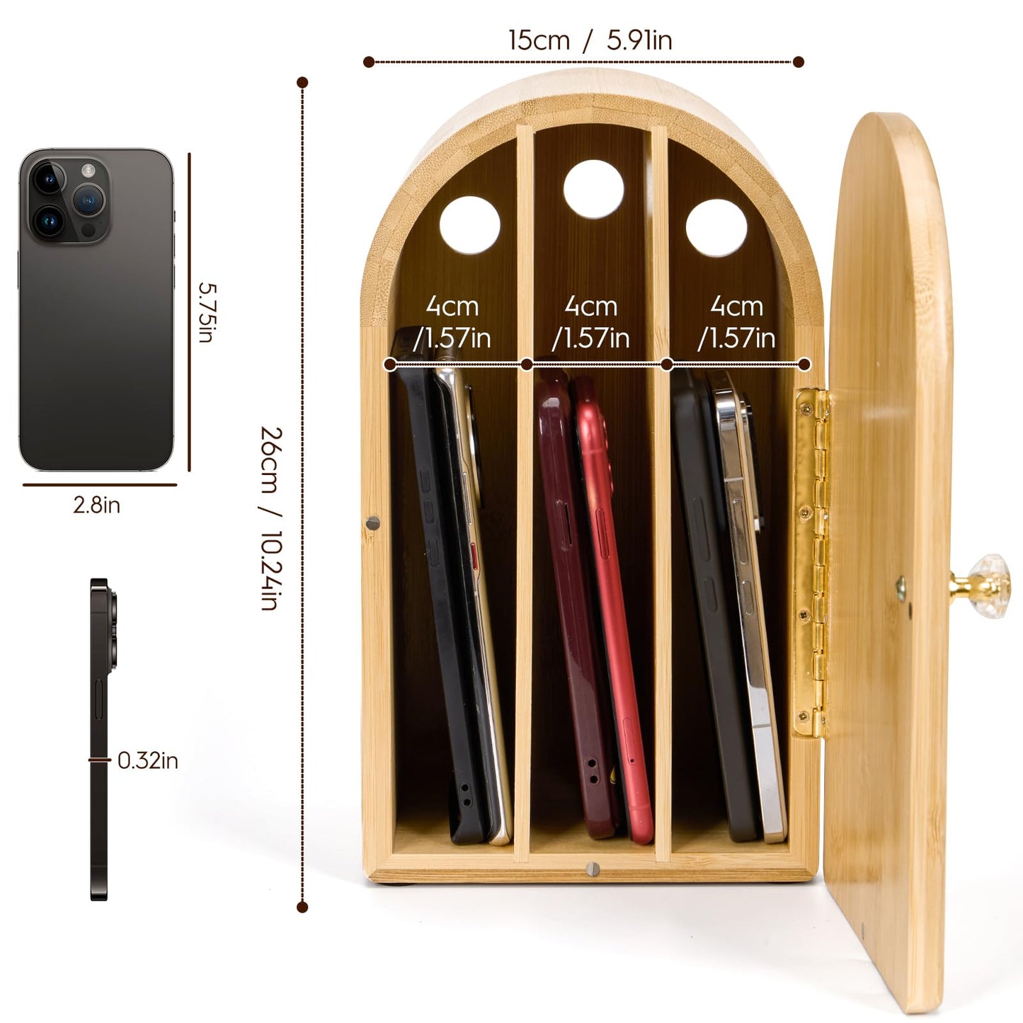 Premium Cell Phone Box for Family Time,Bamboo Cell Phone Jail with Charging Holes,Hold 6 Phones,Help Kids Adults Focus Back