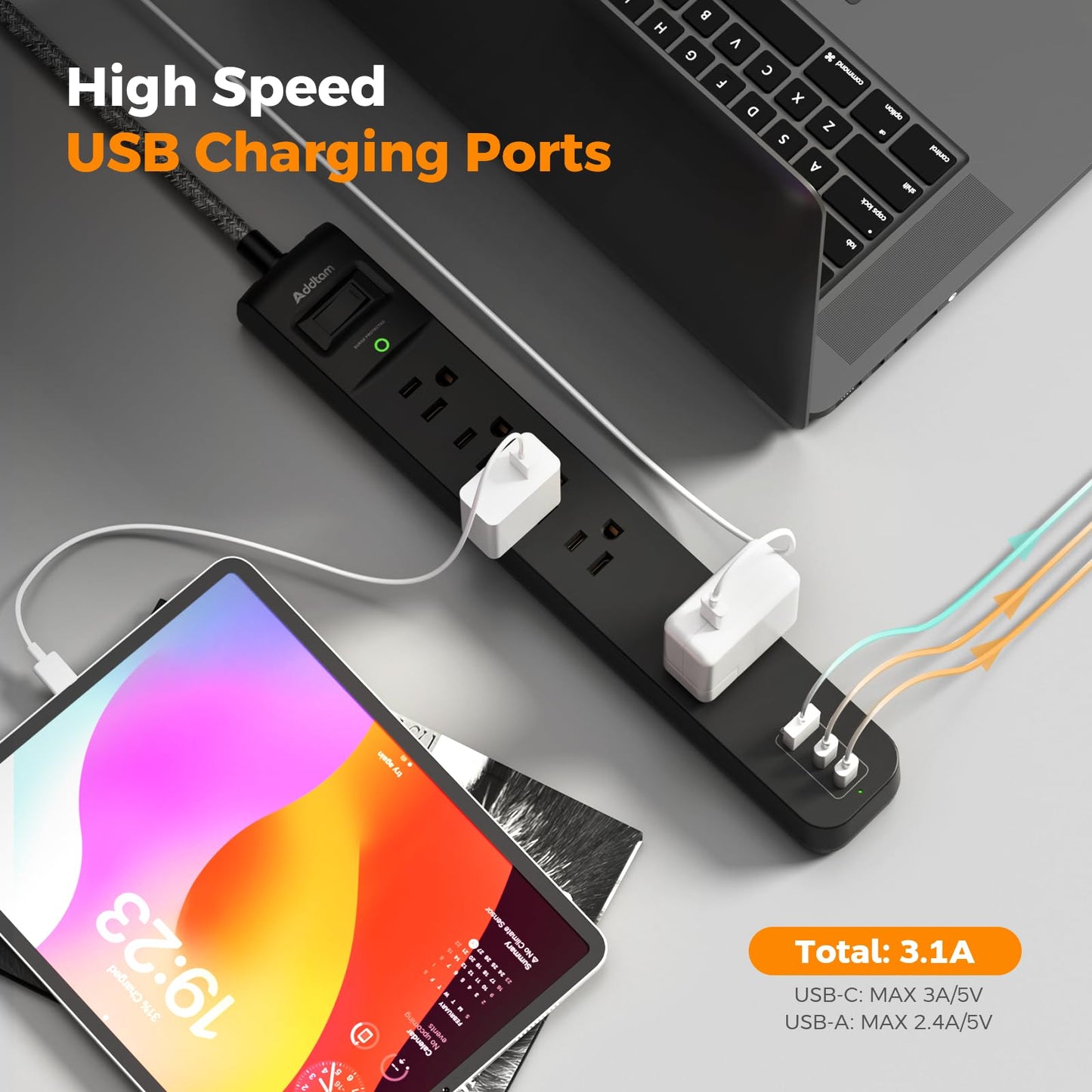 2 Pack Power Strip Surge Protector - 5 Widely Spaced Outlets 3 USB Charging Ports, 1875W/15A 6Ft Braided Extension Cord, Flat Plug Overload