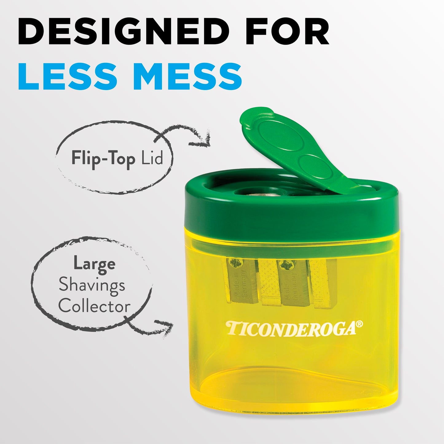Ticonderoga Two-Hole Manual Pencil Sharpener for Standard and Beginner Pencils, Yellow/Green, 2" x 2" x 1.25", German-Engineered, 1 Count