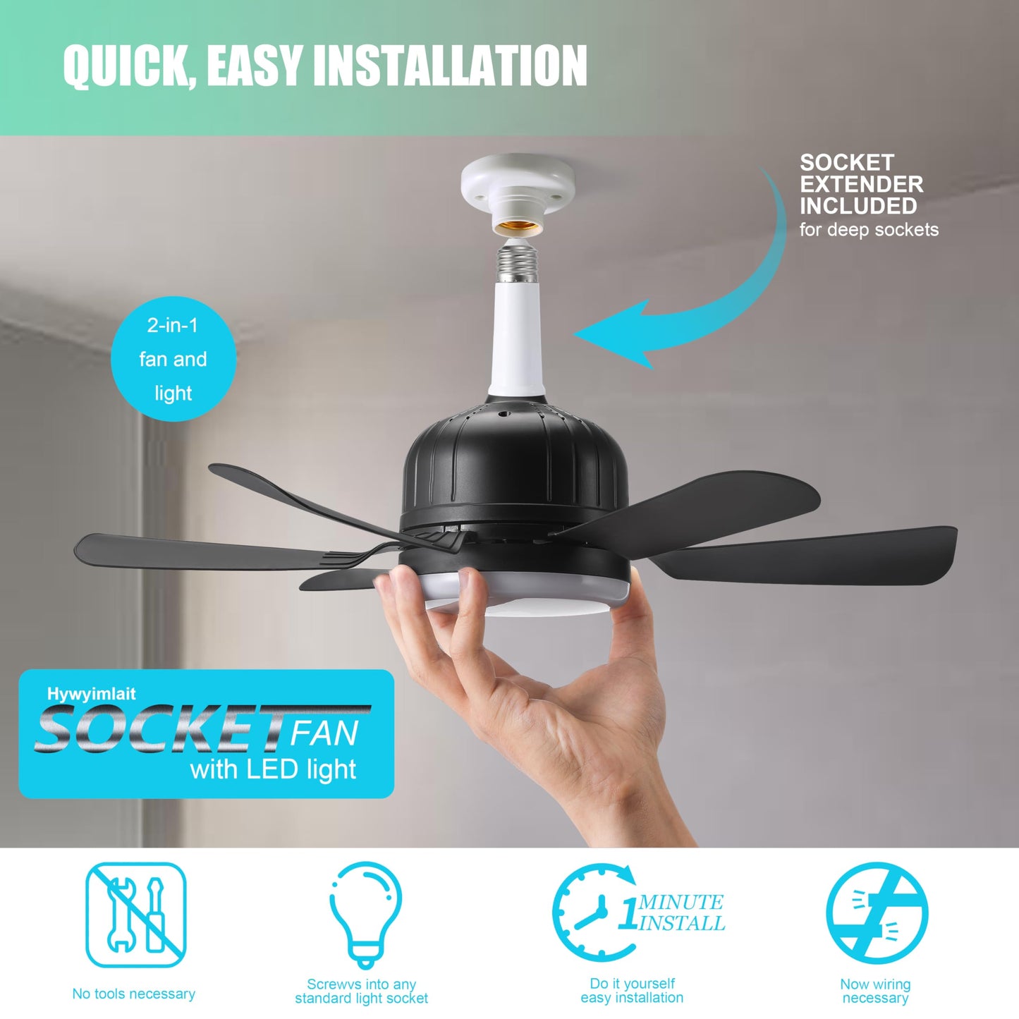 Hywyimlait Socket Fan Light with Remote, Portable Ceiling Fans with Lights for Bedroom, Kitchen, Living Room, 3 Color Stepless Dimming, Screws into