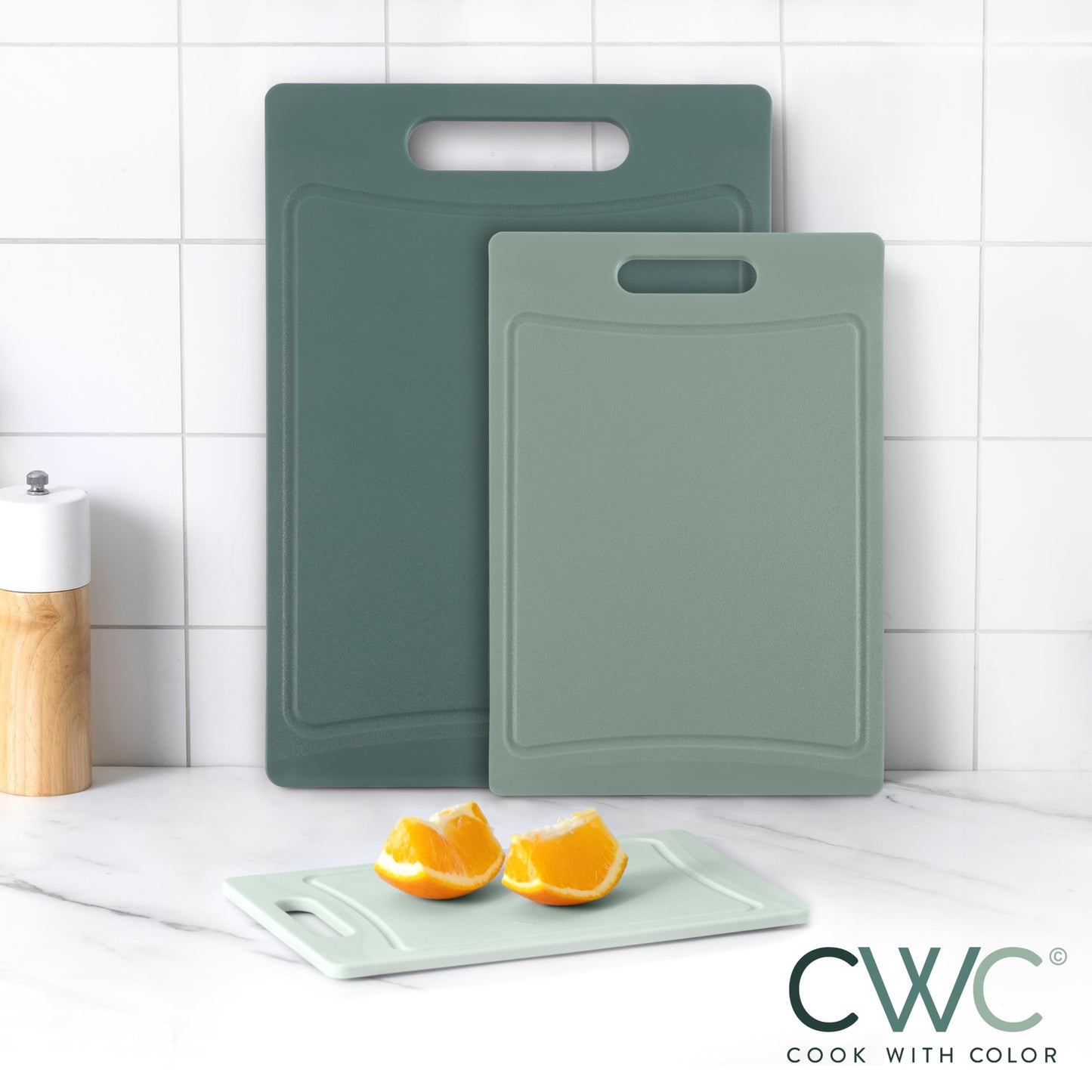 COOK WITH COLOR Non-Slip Cutting Board Set - Kitchen Essentials with Easy Grip Handle for Meat, Veggies, and Fruits, 3 Cutting Boards, Mint