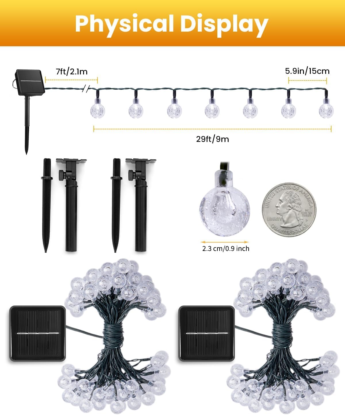 Brightown Solar String Lights Outdoor Waterproof, 2 Pack Total 120 LED 73 FT, Solar Powered Patio Lights with 8 Lighting Modes for Garden Yard Porch