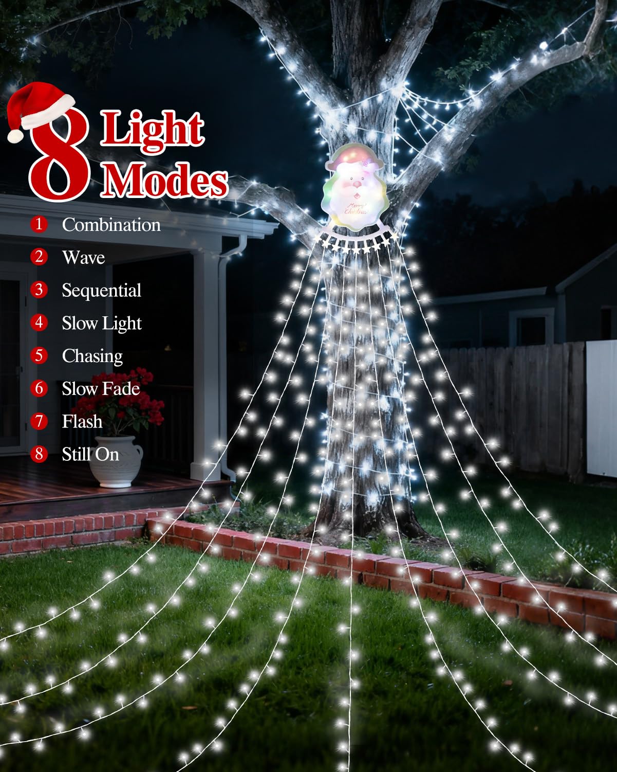 Christmas Waterfall Outdoor String Lights, Christmas Tree Lights with Topper 335 LED 11.48ft 9 Strands, 8 Lighting Modes Holiday New Year Decoration