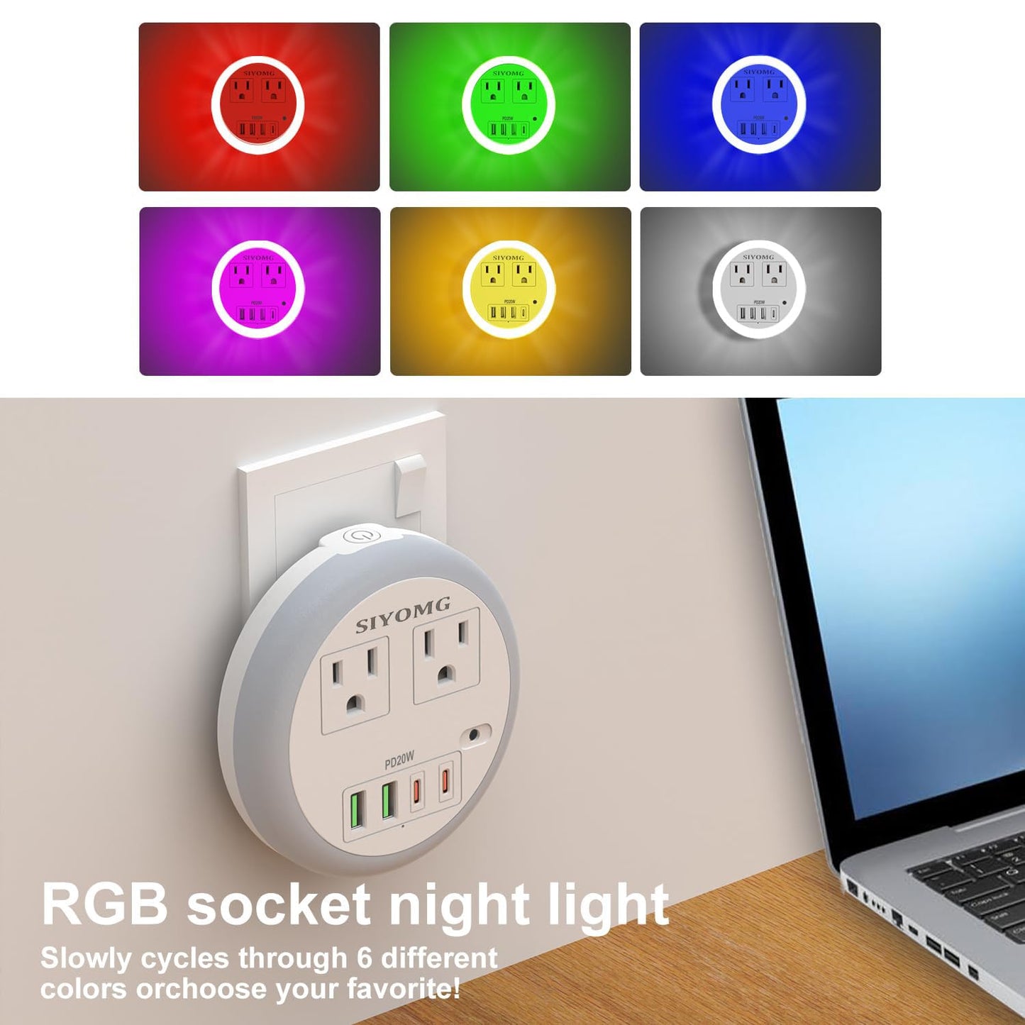 LED Night Lights Plug into Wall, Plug in Night Light with 4 USB Ports and 2 Outlets, Smart Dusk to Dawn Sensor 6-Color Adjustable, Night Light