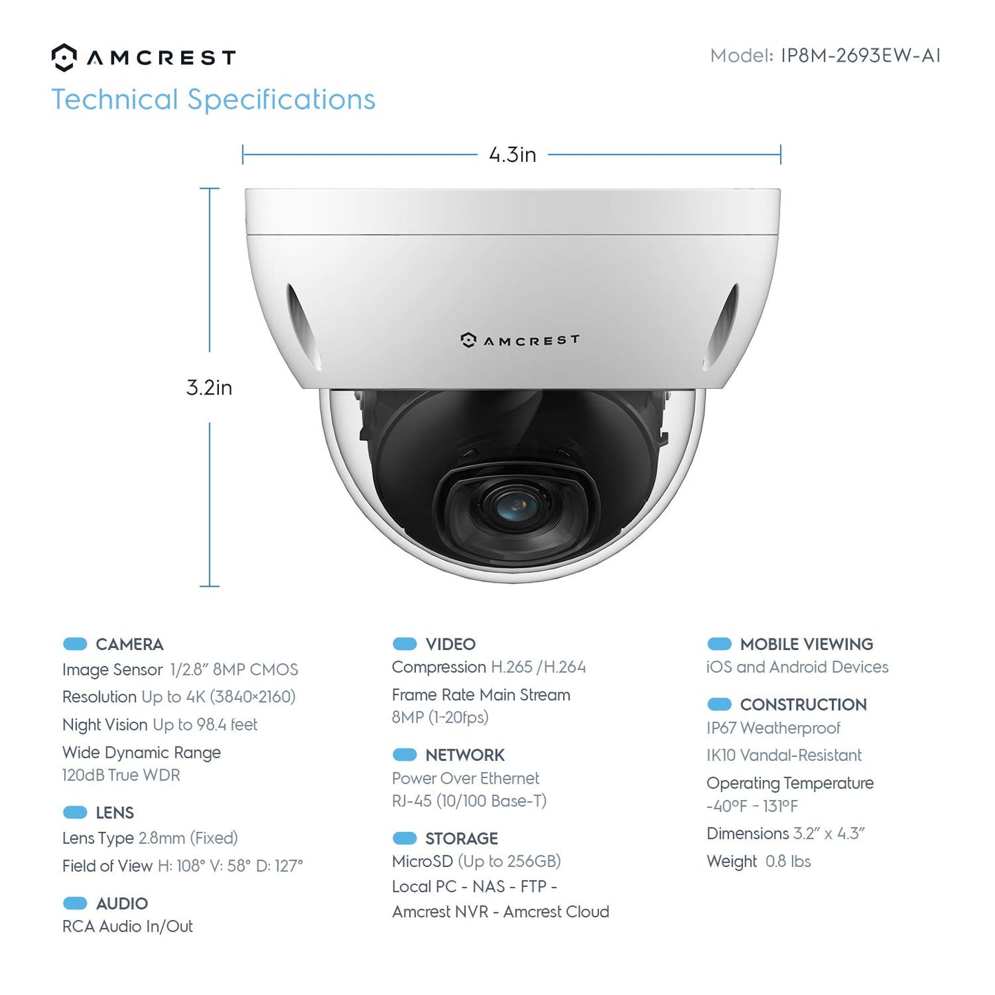 Amcrest UltraHD 4K (8MP) AI Outdoor Security POE IP Camera, 4K @30fps, Face Detection, Human & Vehicle Detection, IK10 Vandal Resistant Dome, MicroSD