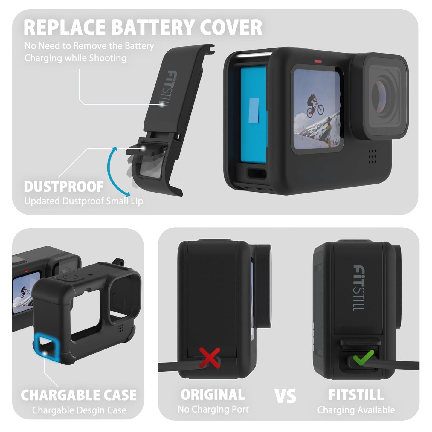 FitStill Silicone Sleeve Protective Case for Go Pro Hero 12/Hero 11/Hero 10 /Hero 9 Black, Battery Side Cover & Lens Caps & Screen Protectors