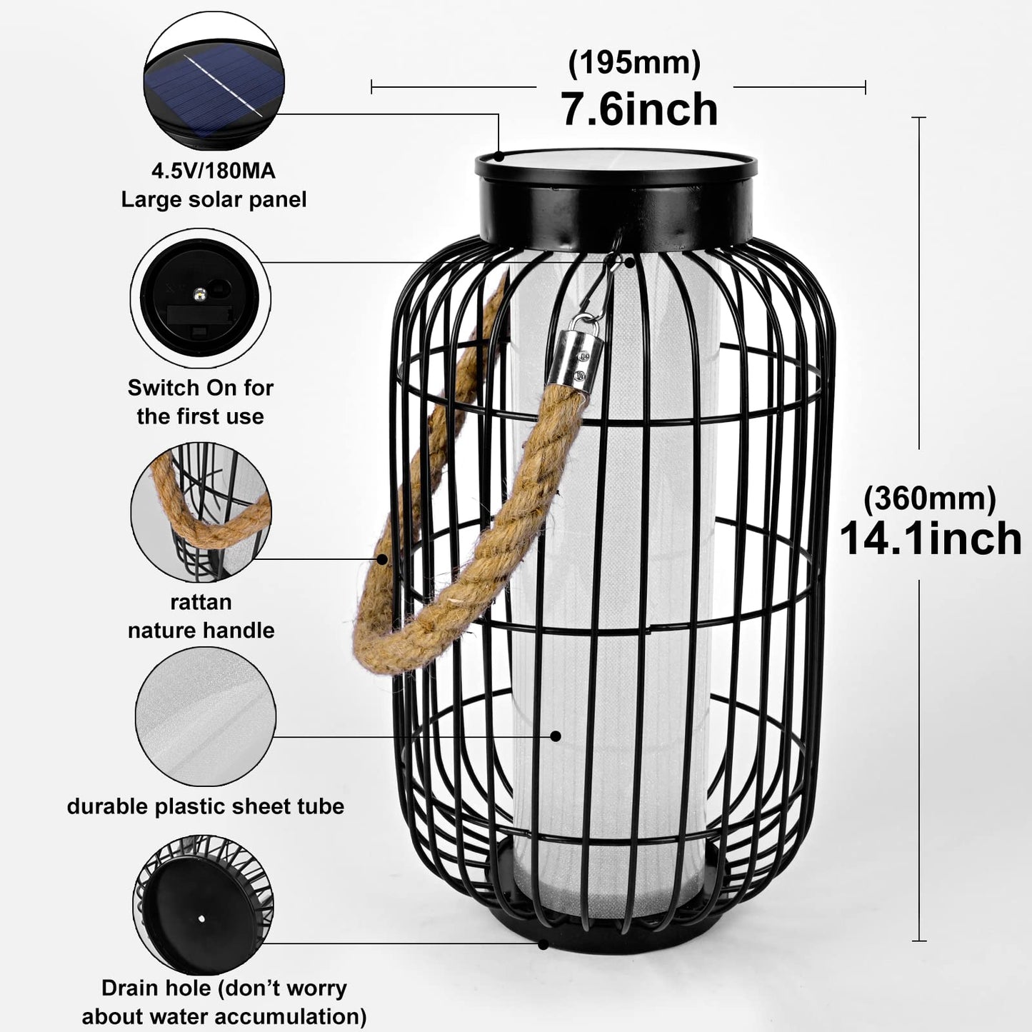 baterysu Large Outdoor Solar Lanterns Hanging Light Waterproof LED Garden Lights solar powered Retro Metal Auto On Off Table Lamp for Garden Patio