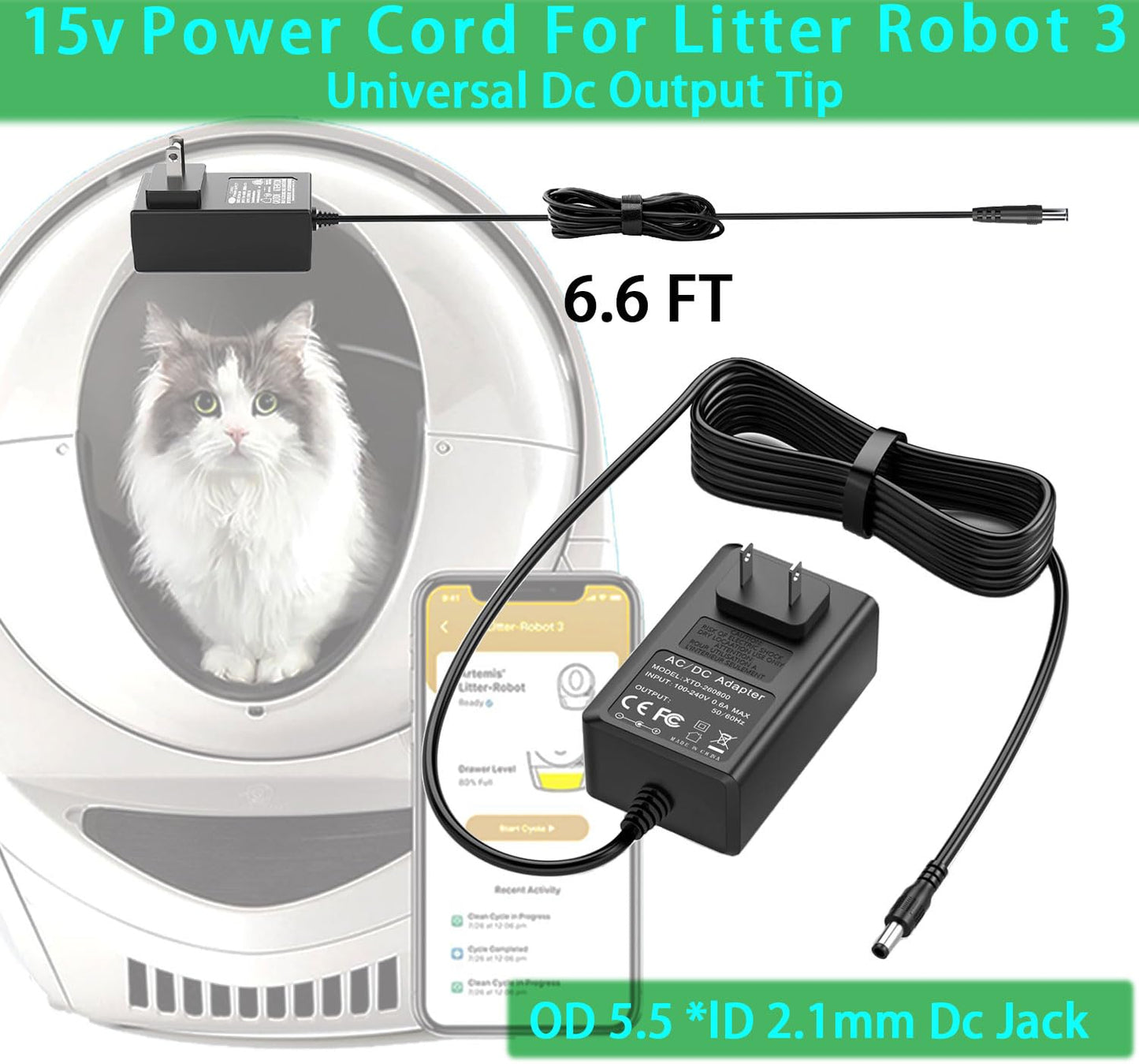 15V DC Power Supply Adapter Compatible with Litter Robot2 3 Open Air Self Cleaning Cat Litter Box, Litter Robot Power Supply,Litter Robot Power Cord…