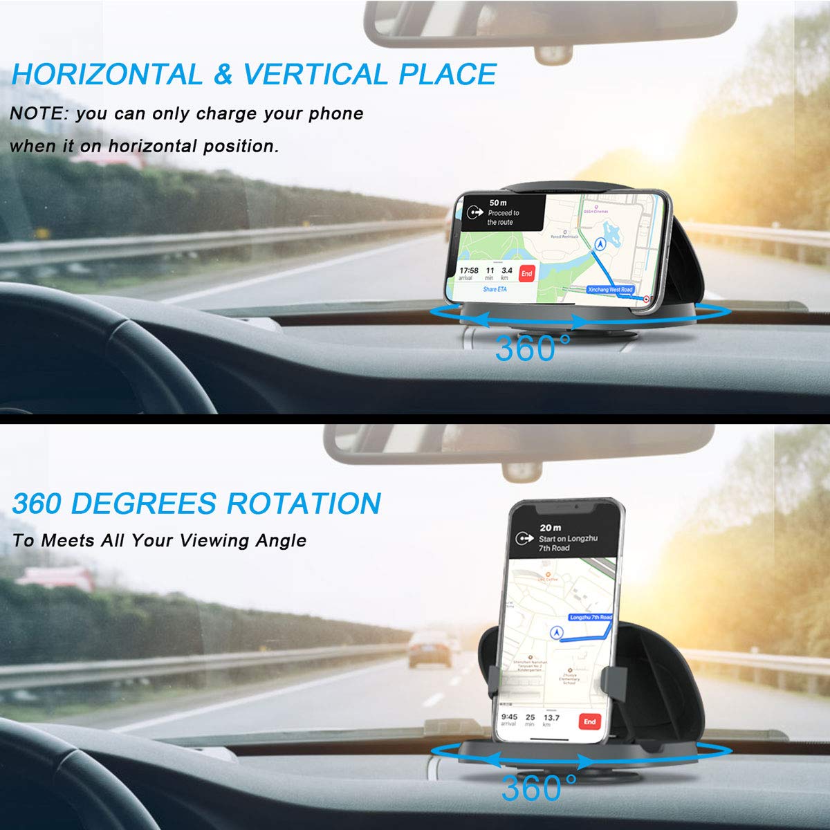 Tophot Car Phone Mount, Cell Phone Holder for Car : Vertical Horizontal Car Phone Holder with 360° Rotate Detachable Strong Sticky Base, Compatible