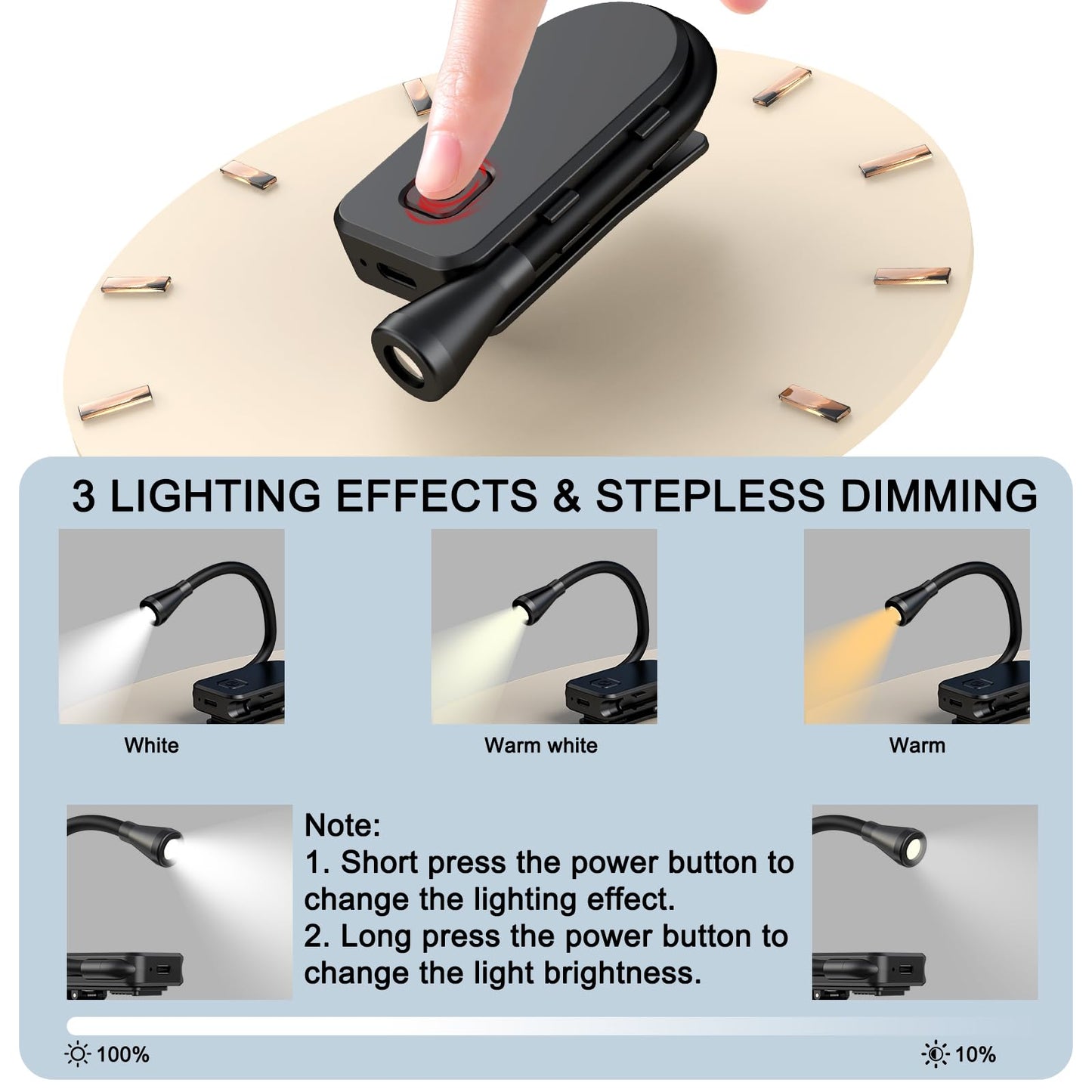 OMATAT Clip on Book Light, 3 Color Temperatures Stepless dimming Reading Lights for Books in Bed with 360° rotatable Clip-on Reading Light for Travel
