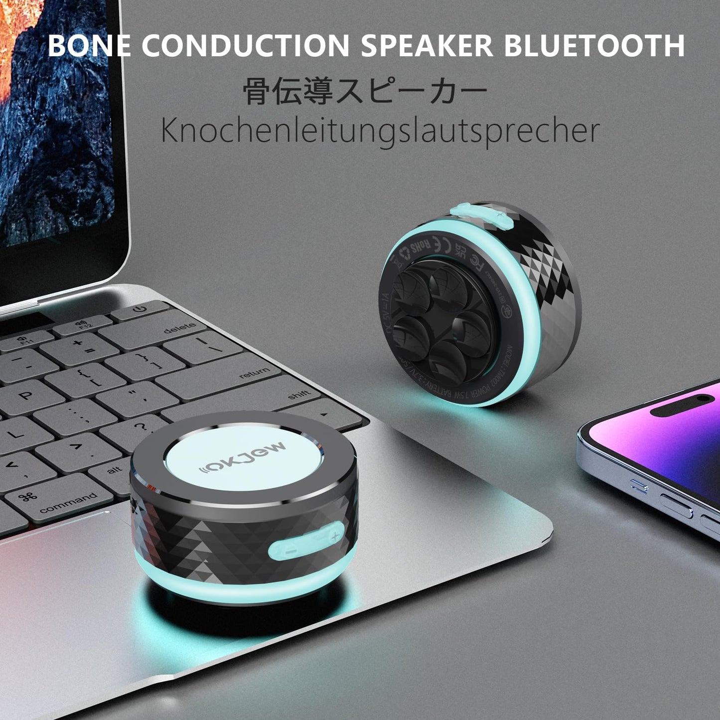 Okjew Bone Conduction Bluetooth Speaker with Colorful LED Breathing Lights, Portable Surface-Vibration Speaker, 360° Surround Sound for Home, Outdoor