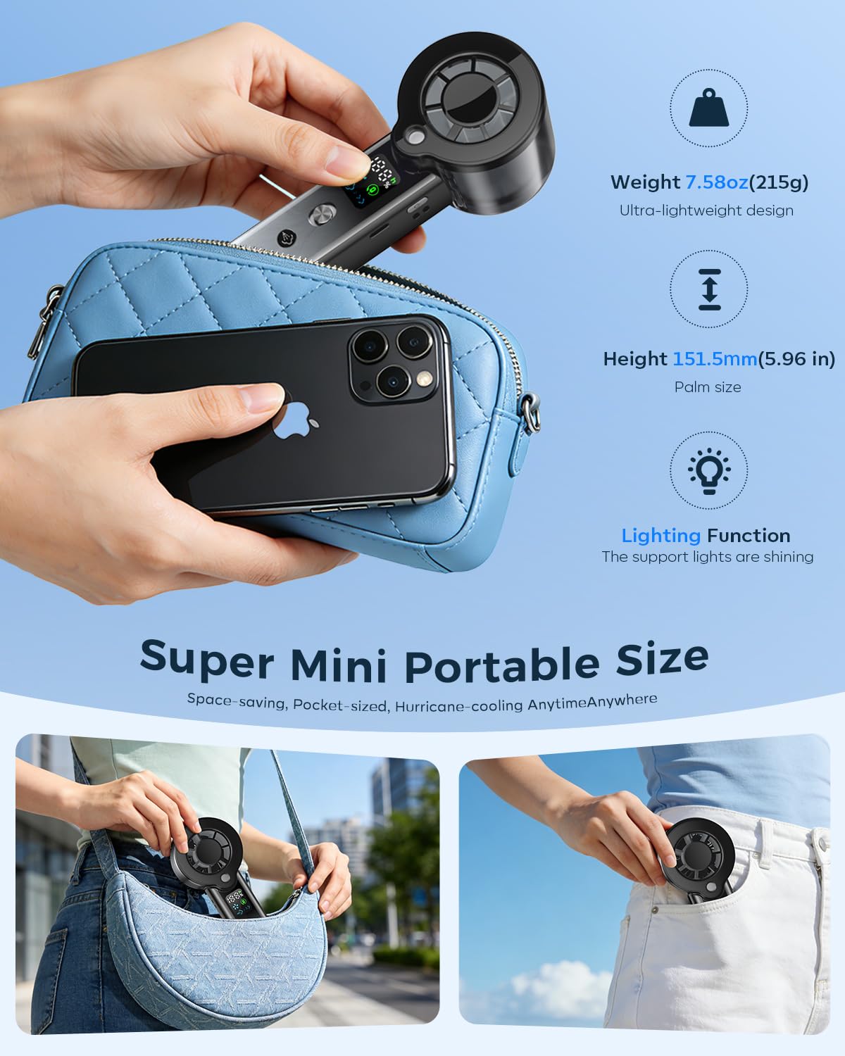 Doge&Vollar Portable Misting Handheld Fan,4?in?1 Spray Cooling Turbo Fan,5000mAh Rechargeable,Up to 30H Runtime,100?Speed Wind,Flashlight SOS
