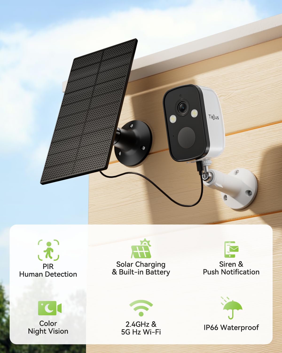 TIEJUS 2K 5G Solar Security Cameras Wireless Outdoor 2-Pack, Wireless Cameras for Home with Full Color Night Vision, PIR Motion Detection, 5G&2.4GHz