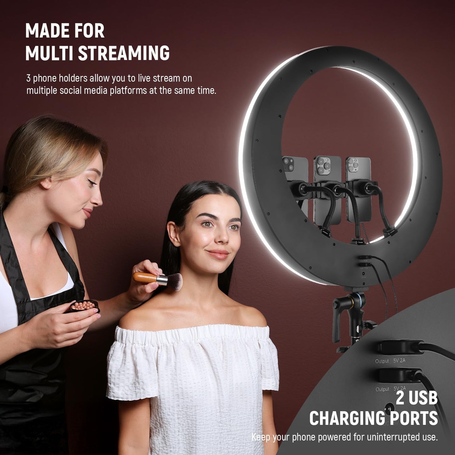NEEWER RP19H 19" Ring Light with Tripod Stand/3 Phone Holders/Cleaning Cloth Compatible with iPhone, 2.4G Touch Control LED Ringlight for Video