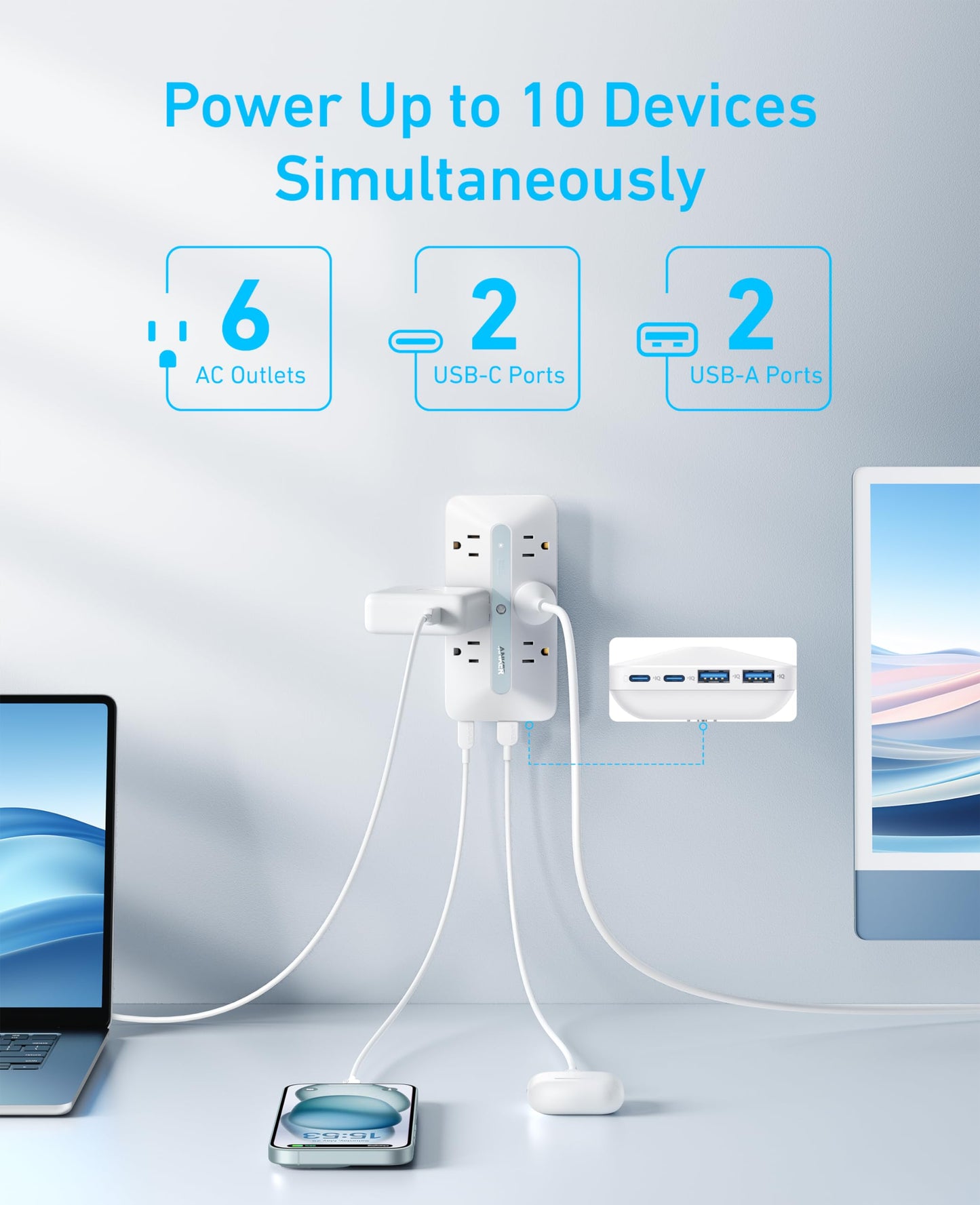 Anker Outlet Extender, Power Strip with 300J Surge Protector, 10-in-1 with 6 AC, 2 USB A, 2 USB C Ports, Wide-Spaces Outlets and 20W Fast Charging